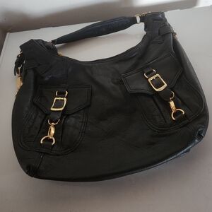 SONDRA ROBERTS BLACK LEATHER shoulder bag SATCHEL purse GOLD 17x10 QUICK SHIP